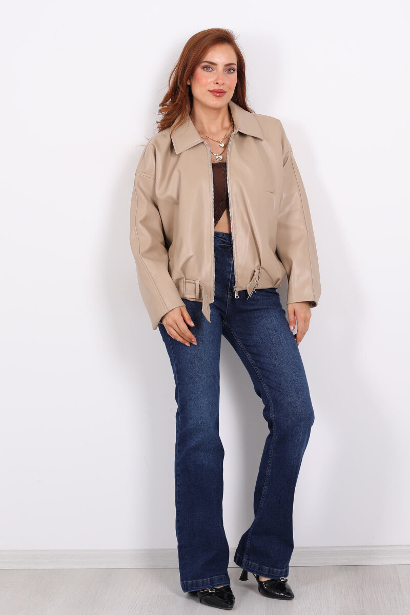 Toka Detaylı Kemerli Bej Kadın Deri Mont - 3