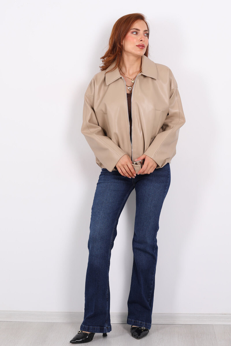 Toka Detaylı Kemerli Bej Kadın Deri Mont - 5