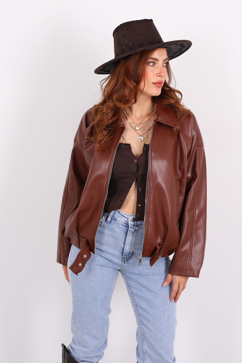 Toka Detaylı Kemerli Kahverengi Kadın Deri Mont - 7