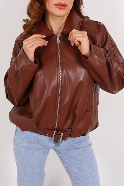 Toka Detaylı Kemerli Kahverengi Kadın Deri Mont - Berox (1)