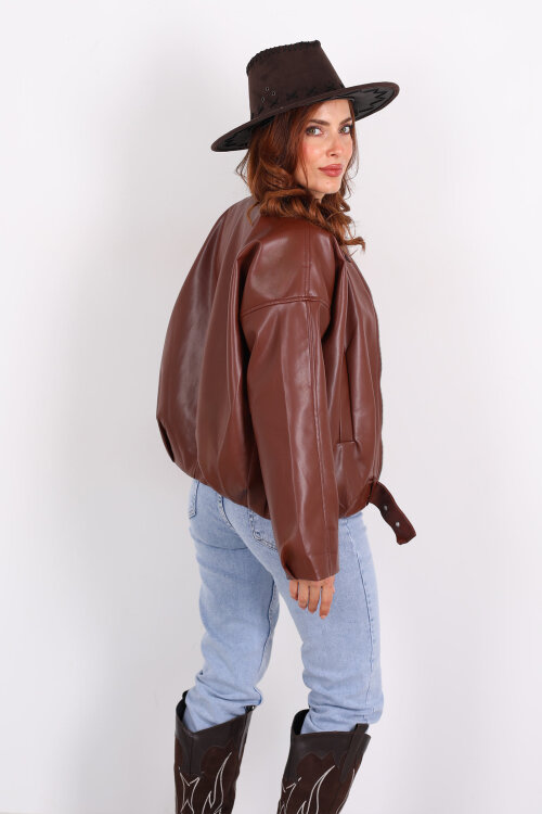 Toka Detaylı Kemerli Kahverengi Kadın Deri Mont - 6