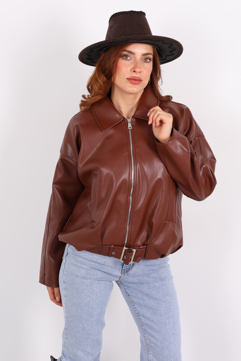 Toka Detaylı Kemerli Kahverengi Kadın Deri Mont - 3