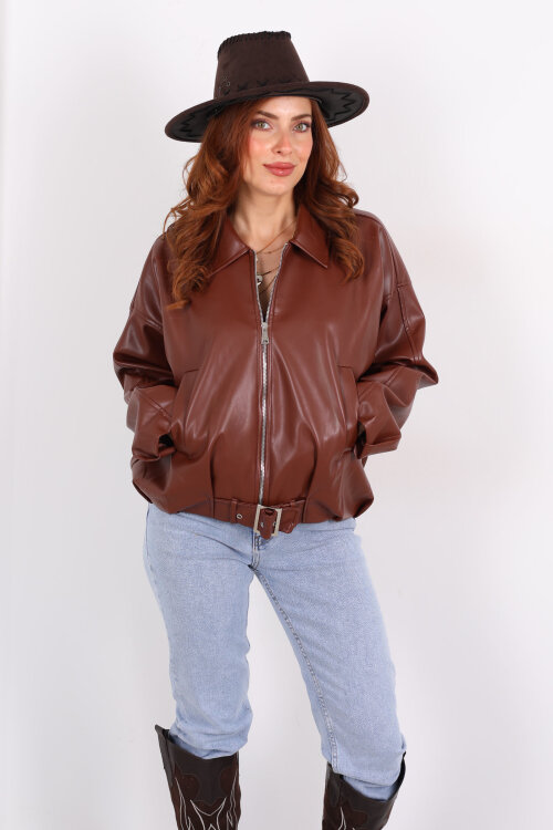 Toka Detaylı Kemerli Kahverengi Kadın Deri Mont - 5