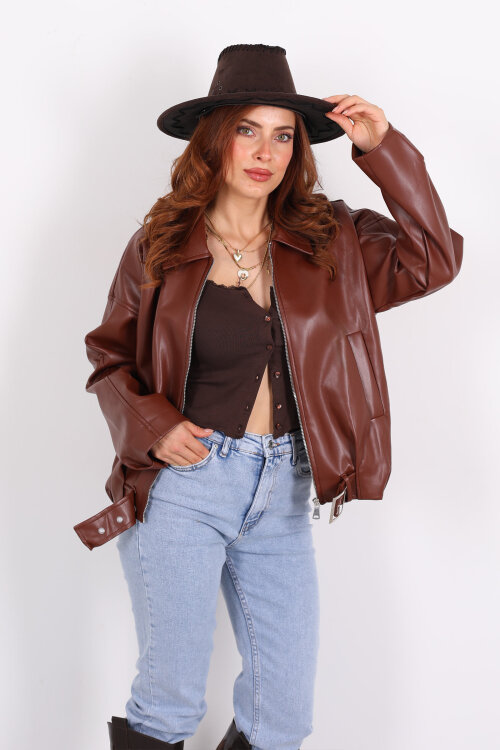 Toka Detaylı Kemerli Kahverengi Kadın Deri Mont - 4