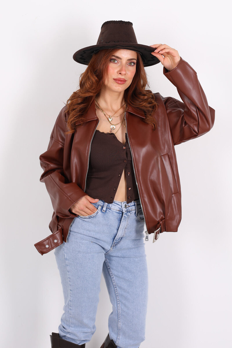 Toka Detaylı Kemerli Kahverengi Kadın Deri Mont - 4