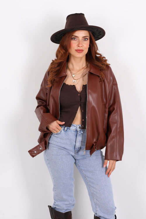 Toka Detaylı Kemerli Kahverengi Kadın Deri Mont - Berox