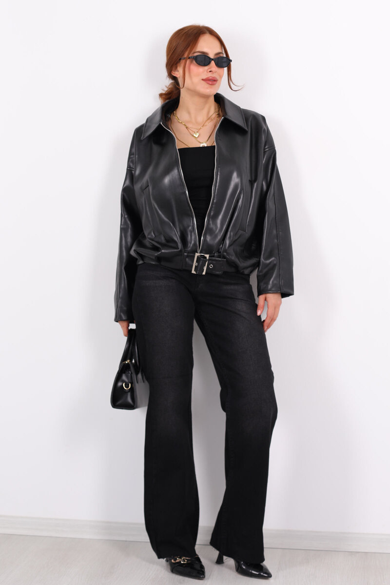 Toka Detaylı Kemerli Siyah Kadın Deri Mont - 3