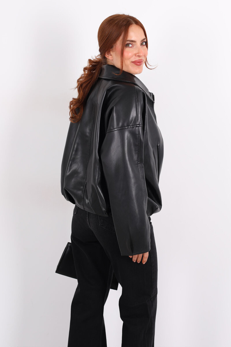 Toka Detaylı Kemerli Siyah Kadın Deri Mont - 5