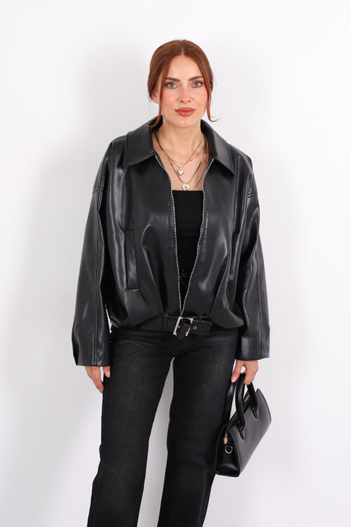 Toka Detaylı Kemerli Siyah Kadın Deri Mont - 7