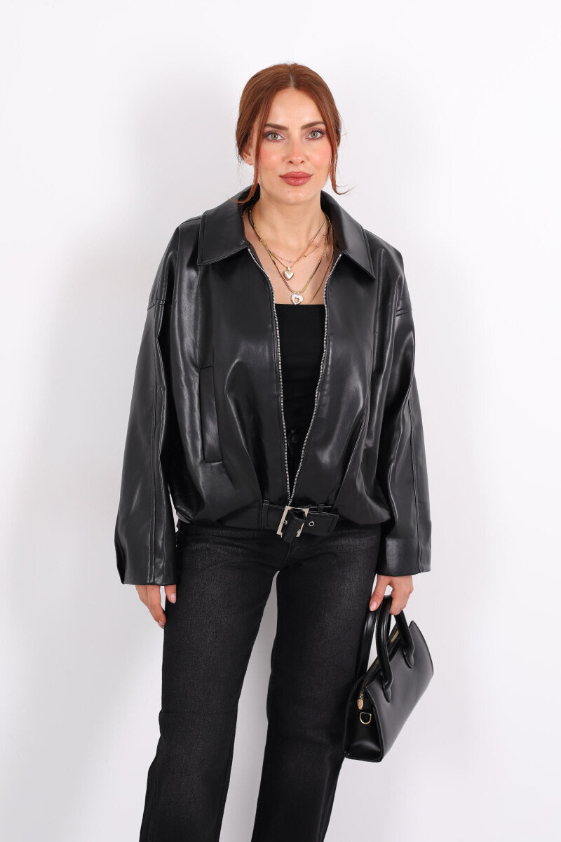 Toka Detaylı Kemerli Siyah Kadın Deri Mont - 7
