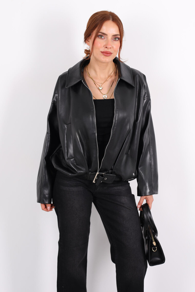 Toka Detaylı Kemerli Siyah Kadın Deri Mont - 4