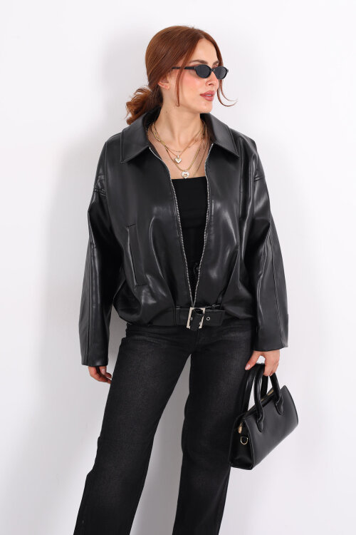 Toka Detaylı Kemerli Siyah Kadın Deri Mont - Berox