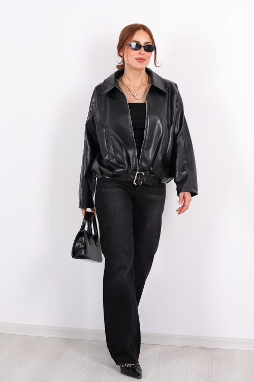 Toka Detaylı Kemerli Siyah Kadın Deri Mont - 6