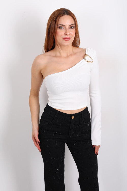 Toka Detaylı Tek Kol Beyaz Kadın Crop Bluz - 6