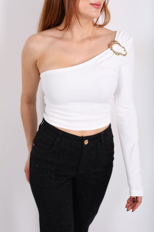 Toka Detaylı Tek Kol Beyaz Kadın Crop Bluz - Berox (1)
