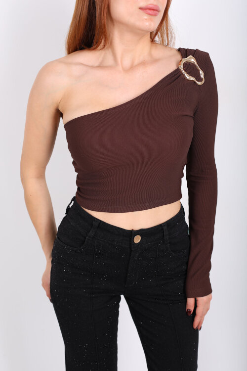 Toka Detaylı Tek Kol Kahverengi Kadın Crop Bluz - Berox (1)