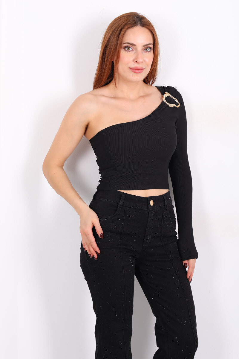 Toka Detaylı Tek Kol Siyah Kadın Crop Bluz - 6