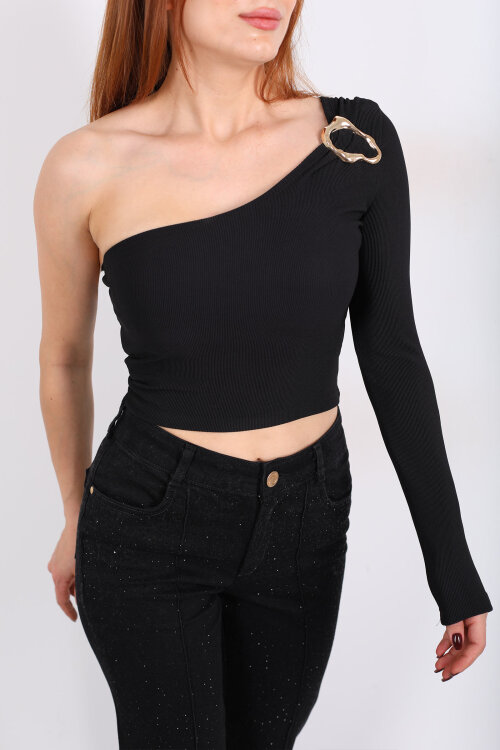 Toka Detaylı Tek Kol Siyah Kadın Crop Bluz - Berox (1)