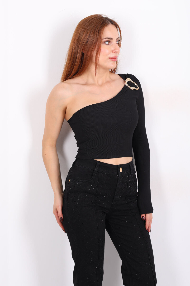 Toka Detaylı Tek Kol Siyah Kadın Crop Bluz - 3