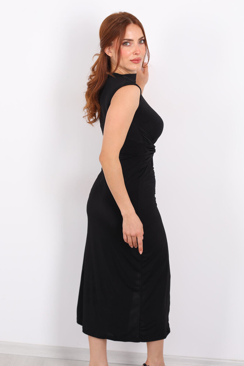 Toka Detaylı Yırtmaçlı Sandy Siyah Kadın Elbise - 5