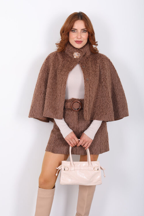 Tokalı Sakallı Kahverengi Kadın Panço - 4