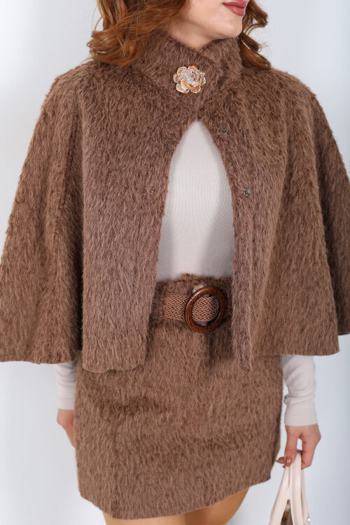 Tokalı Sakallı Kahverengi Kadın Panço - Berox (1)