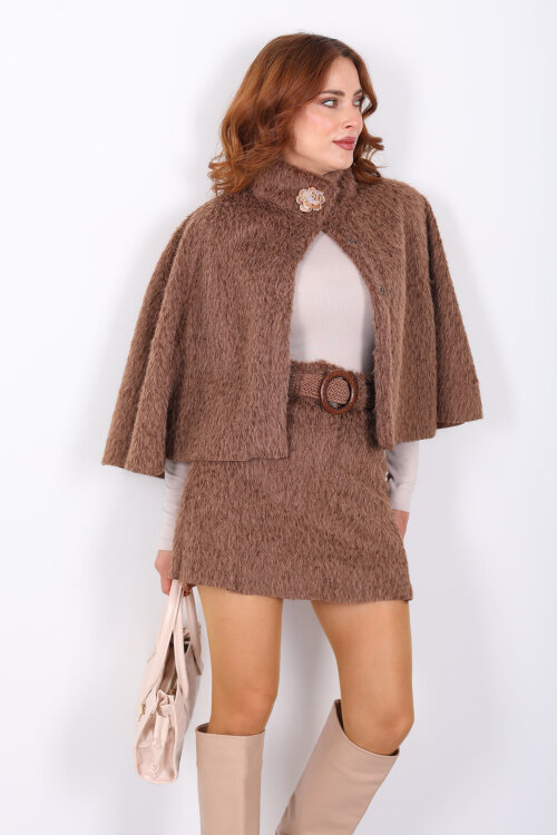 Tokalı Sakallı Kahverengi Kadın Panço - 5