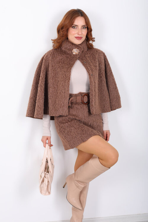 Tokalı Sakallı Kahverengi Kadın Panço - Berox