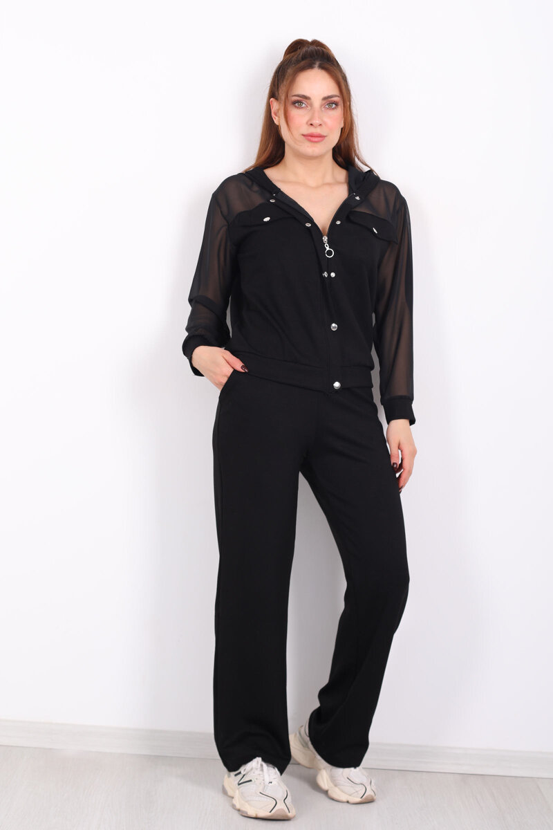 Tül Detaylı Kapüşonlu Kadın Siyah Modal Takım - 6