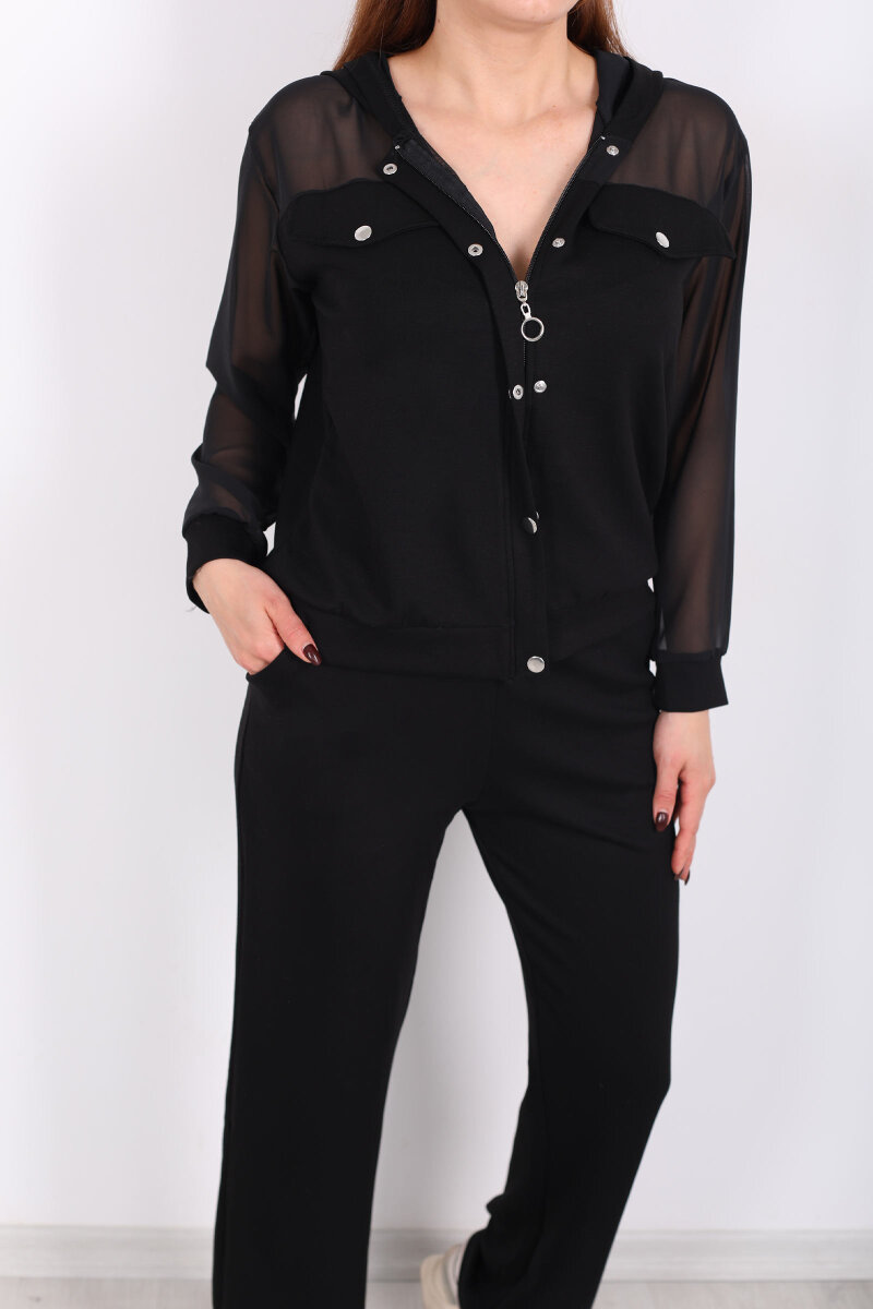 Tül Detaylı Kapüşonlu Kadın Siyah Modal Takım - 2
