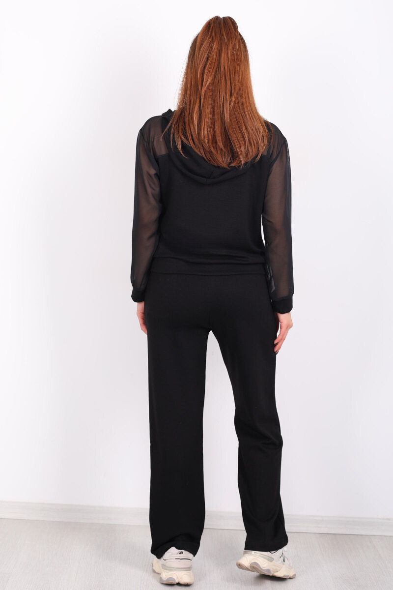 Tül Detaylı Kapüşonlu Kadın Siyah Modal Takım - 5