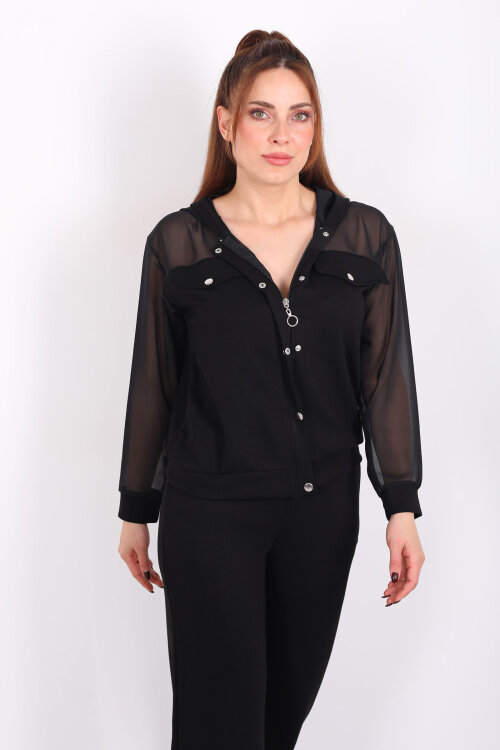 Tül Detaylı Kapüşonlu Kadın Siyah Modal Takım - 4