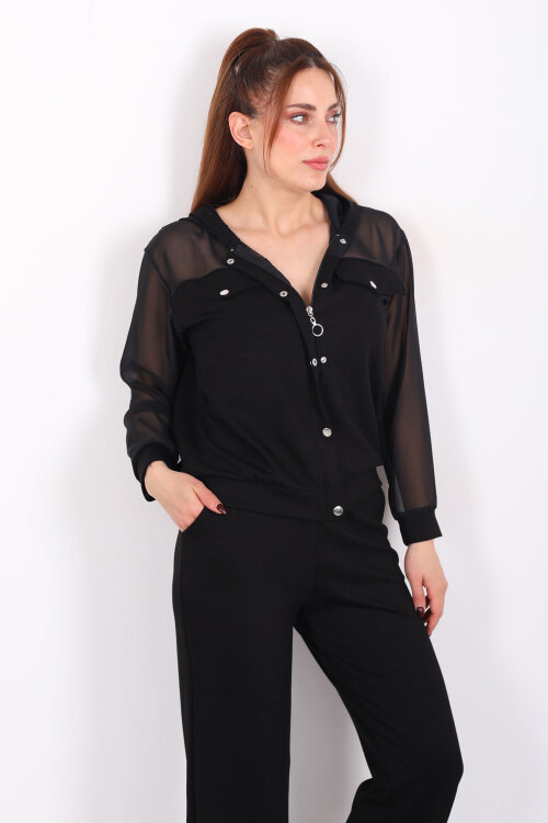 Tül Detaylı Kapüşonlu Kadın Siyah Modal Takım - Berox