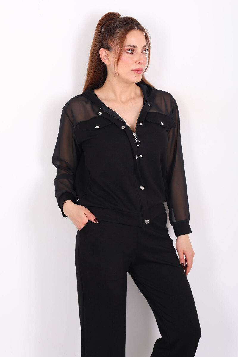 Tül Detaylı Kapüşonlu Kadın Siyah Modal Takım - 1