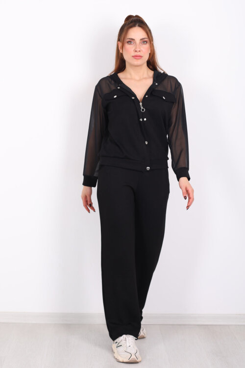 Tül Detaylı Kapüşonlu Kadın Siyah Modal Takım - 3