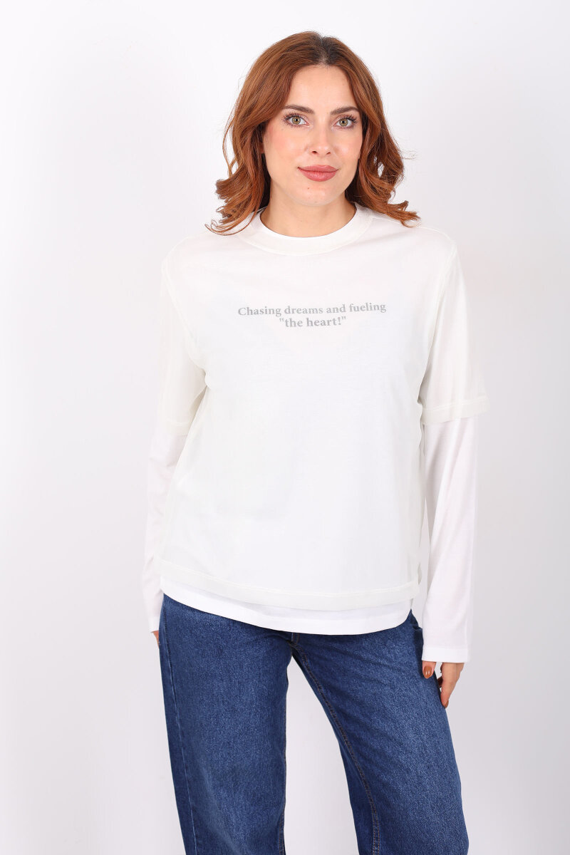 Tül Detaylı Yazılı Ekru Kadın Bluz - 4