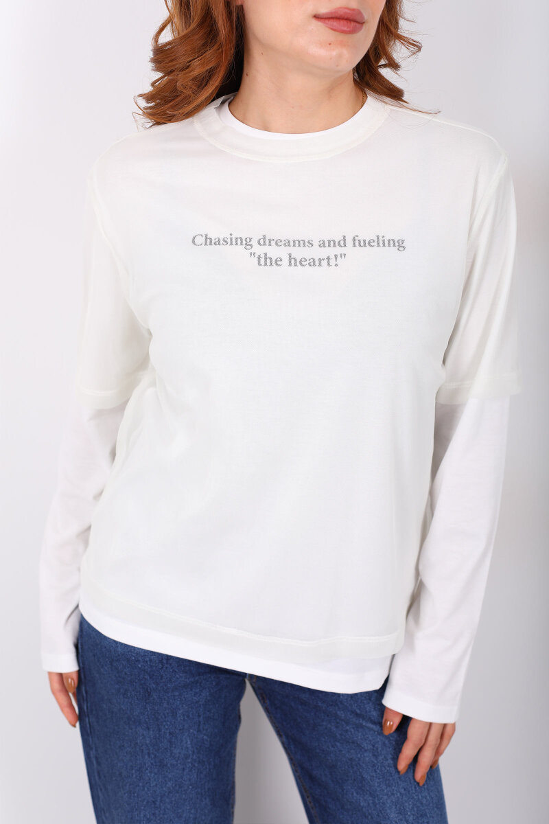 Tül Detaylı Yazılı Ekru Kadın Bluz - 2