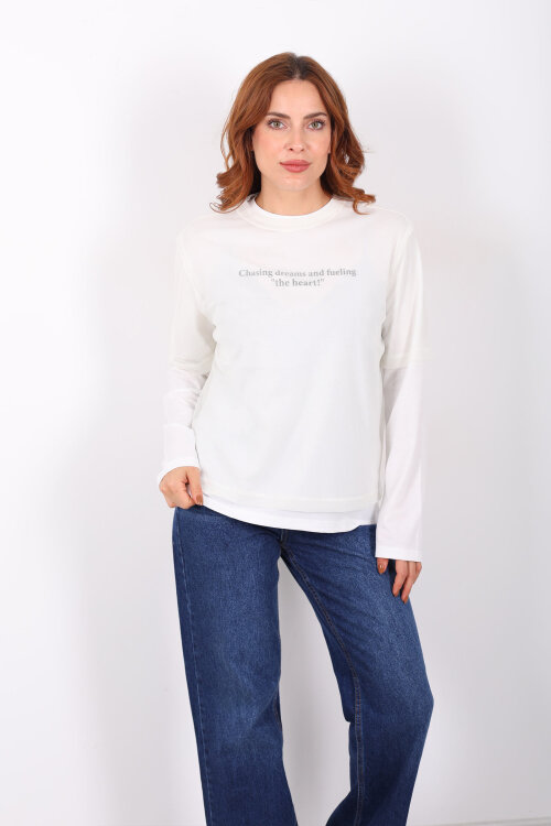 Tül Detaylı Yazılı Ekru Kadın Bluz - 3