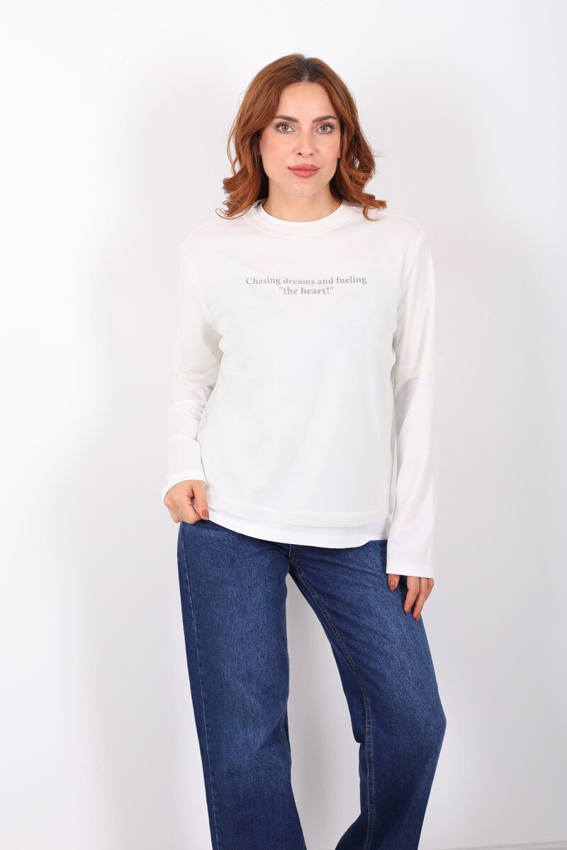 Tül Detaylı Yazılı Ekru Kadın Bluz - 3