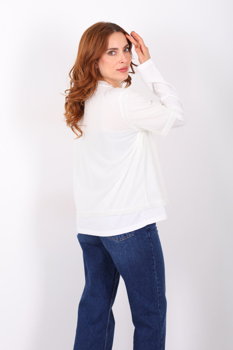 Tül Detaylı Yazılı Ekru Kadın Bluz - 5