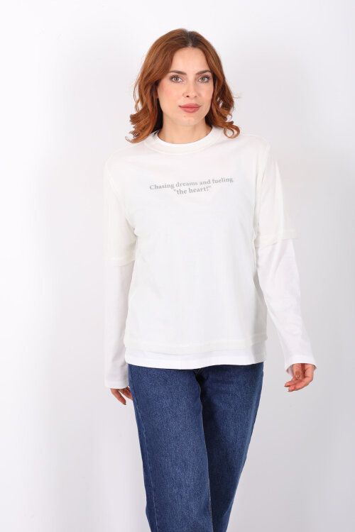 Tül Detaylı Yazılı Ekru Kadın Bluz - 6