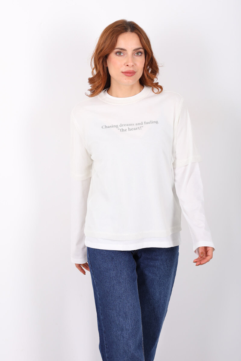 Tül Detaylı Yazılı Ekru Kadın Bluz - 6