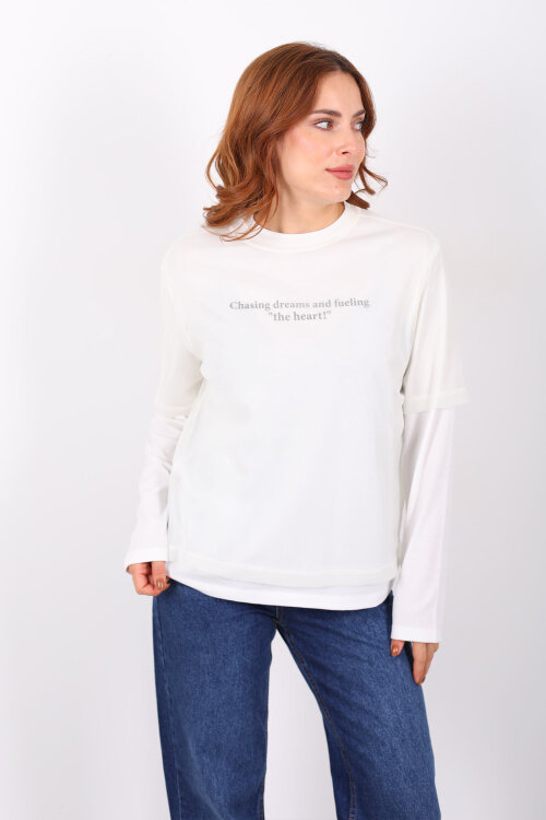 Tül Detaylı Yazılı Ekru Kadın Bluz - Berox