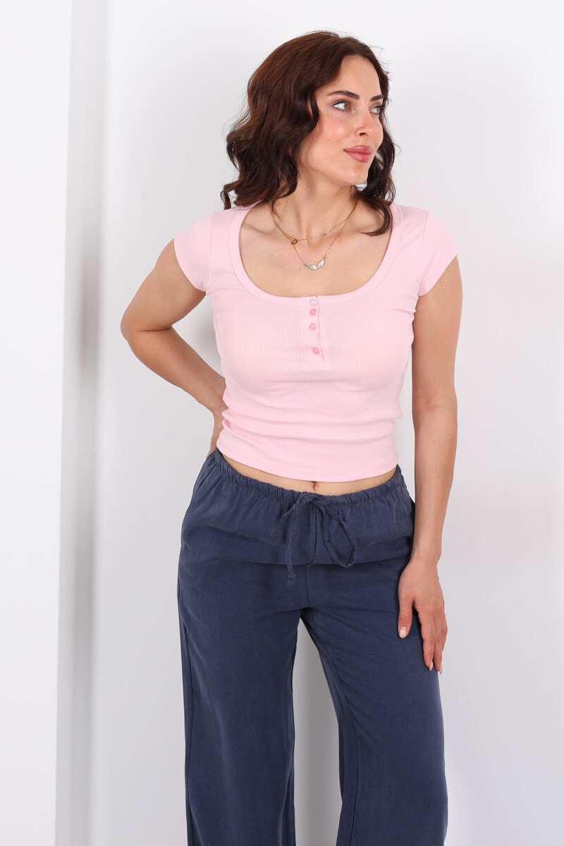 U Yaka Düğmeli Pembe Kadın Bluz - 3