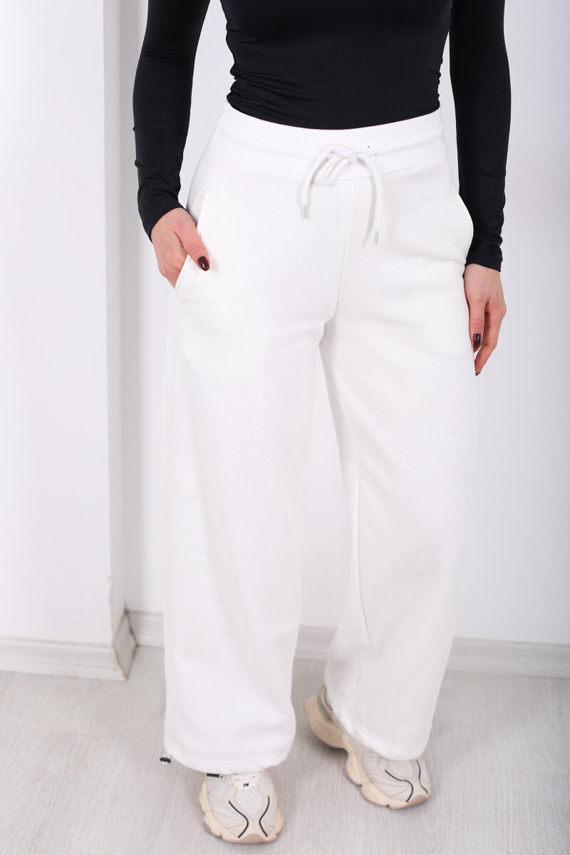 Üç İplik Paça Lastikli Beyaz Kadın Eşofman Altı - 2