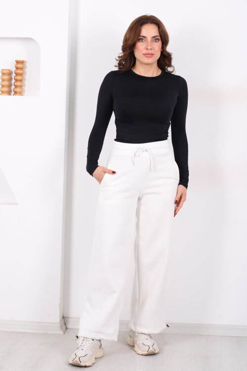 Üç İplik Paça Lastikli Beyaz Kadın Eşofman Altı - 5