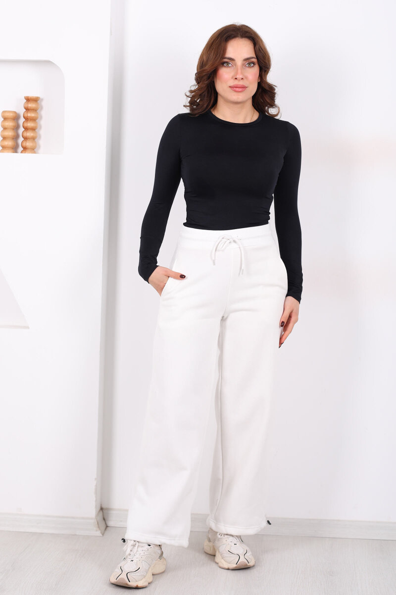 Üç İplik Paça Lastikli Beyaz Kadın Eşofman Altı - 5