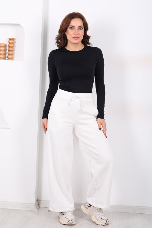 Üç İplik Paça Lastikli Beyaz Kadın Eşofman Altı - 3