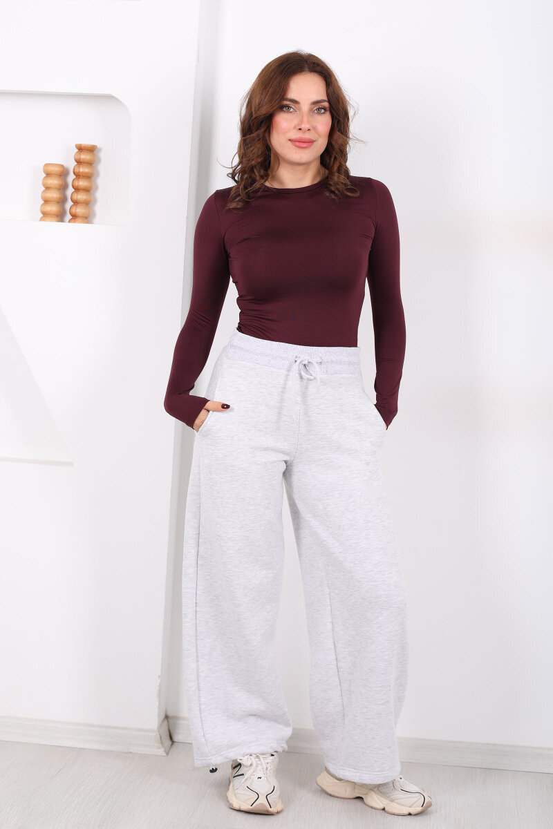 Üç İplik Paça Lastikli Gri Kadın Eşofman Altı - 4