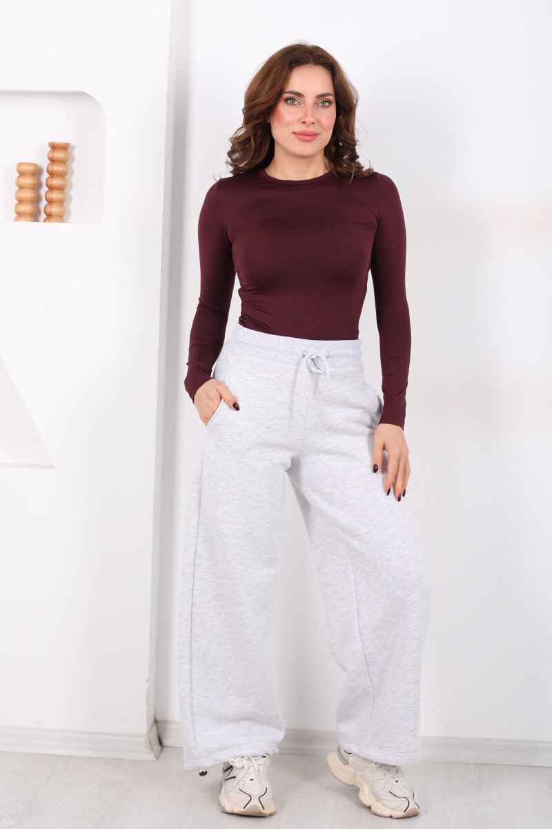 Üç İplik Paça Lastikli Gri Kadın Eşofman Altı - 6